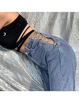 xxxiticat Women's Chain Lace Up Denim Pants High Waist Slim